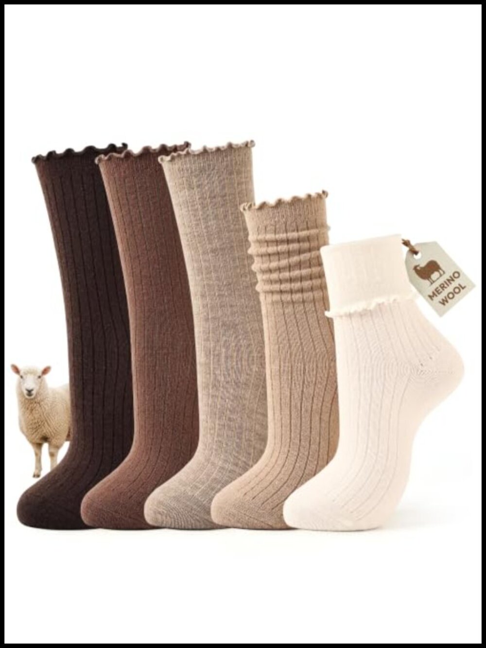 Merino Wool Ruffle Crew Socks 5 Pairs Warm Ribbed Knit Women